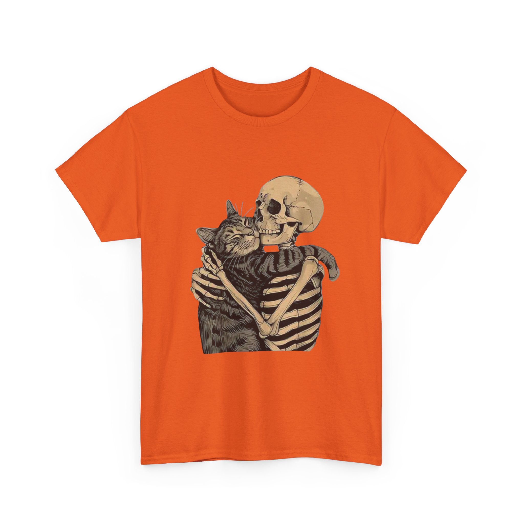 Skeleton and Cat Love Unisex Heavy Cotton Tee, Halloween T-Shirt, Pet Lover Gift, Spooky Aesthetic Shirt, Cute Skeleton Tee
