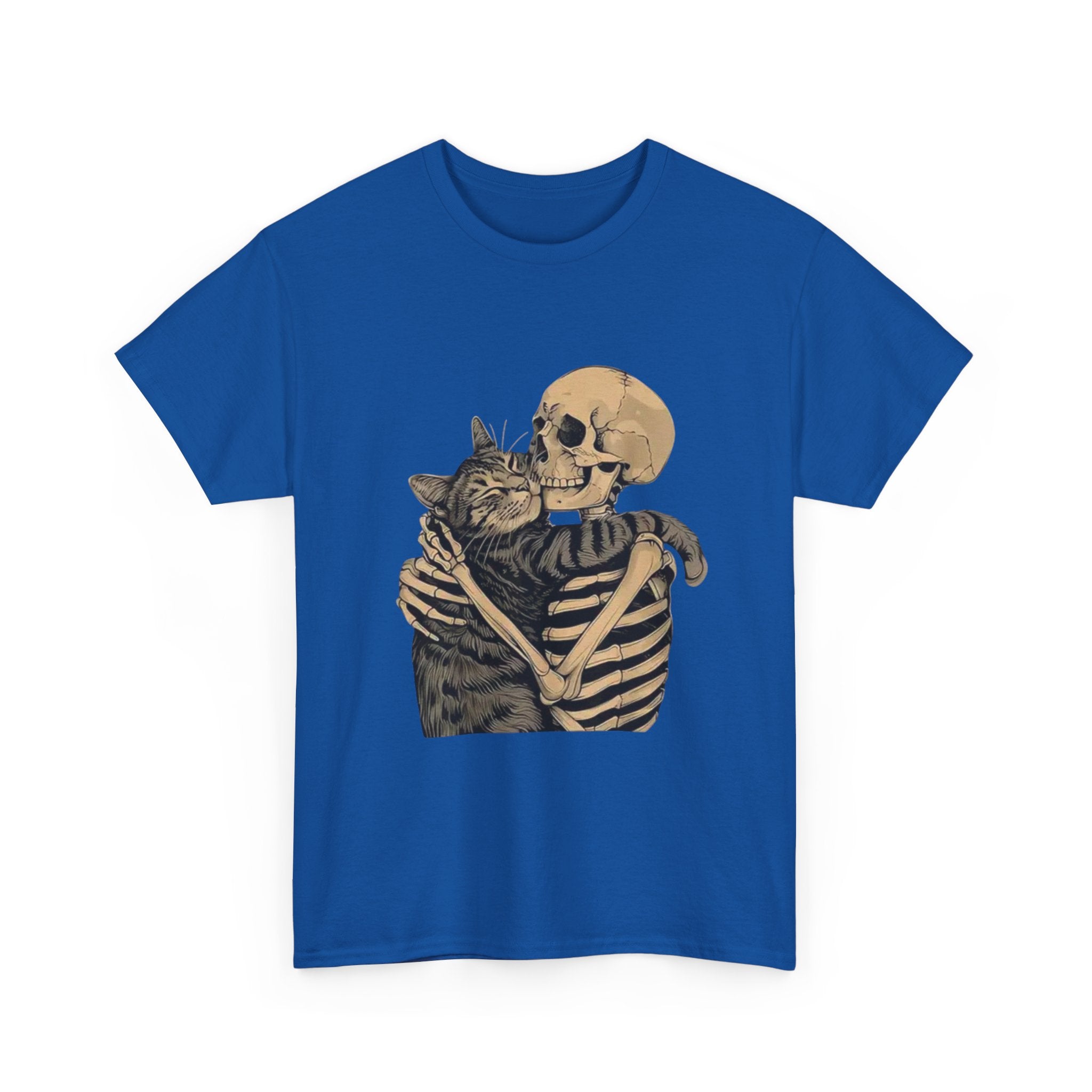 Skeleton and Cat Love Unisex Heavy Cotton Tee, Halloween T-Shirt, Pet Lover Gift, Spooky Aesthetic Shirt, Cute Skeleton Tee