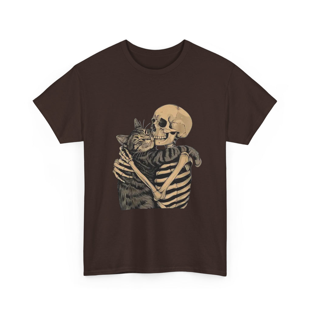 Skeleton and Cat Love Unisex Heavy Cotton Tee, Halloween T-Shirt, Pet Lover Gift, Spooky Aesthetic Shirt, Cute Skeleton Tee