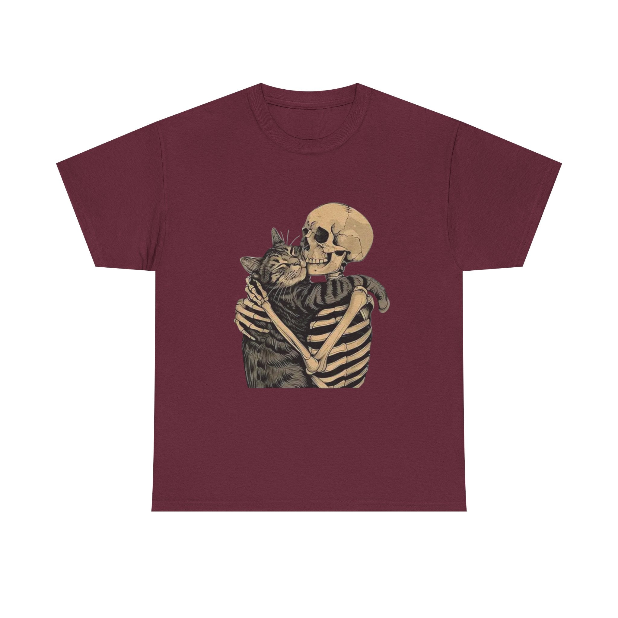 Skeleton and Cat Love Unisex Heavy Cotton Tee, Halloween T-Shirt, Pet Lover Gift, Spooky Aesthetic Shirt, Cute Skeleton Tee
