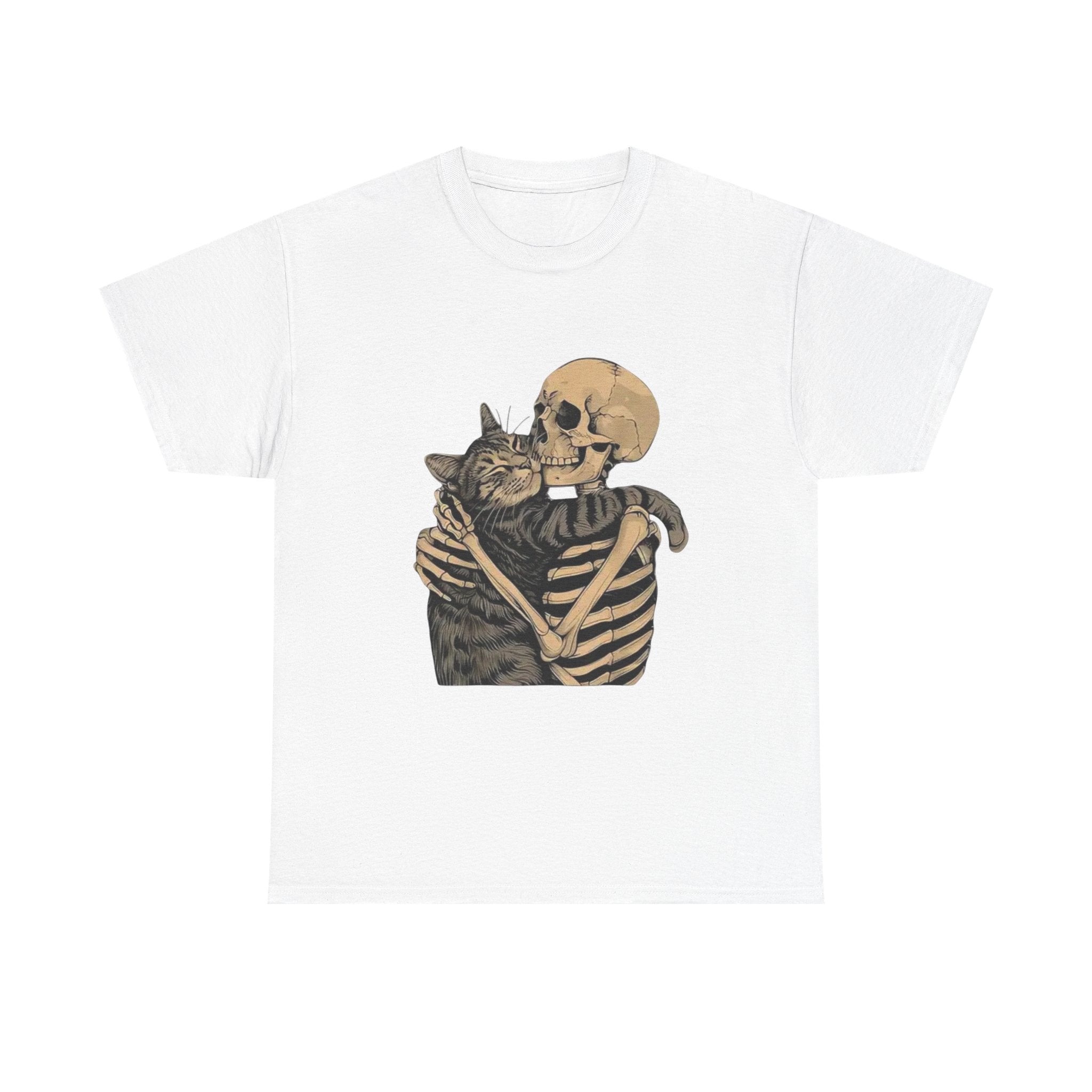 Skeleton and Cat Love Unisex Heavy Cotton Tee, Halloween T-Shirt, Pet Lover Gift, Spooky Aesthetic Shirt, Cute Skeleton Tee
