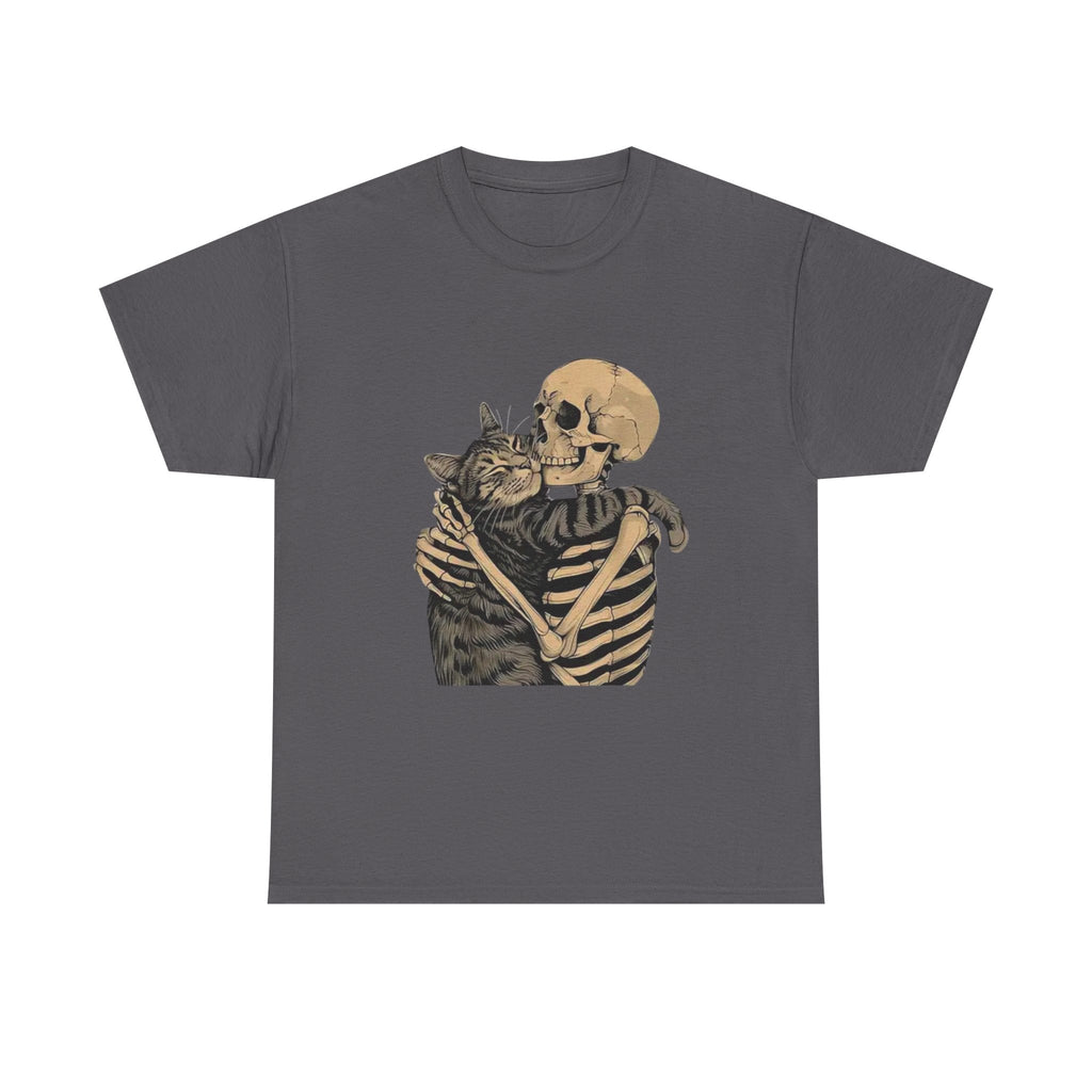 Skeleton and Cat Love Unisex Heavy Cotton Tee, Halloween T-Shirt, Pet Lover Gift, Spooky Aesthetic Shirt, Cute Skeleton Tee