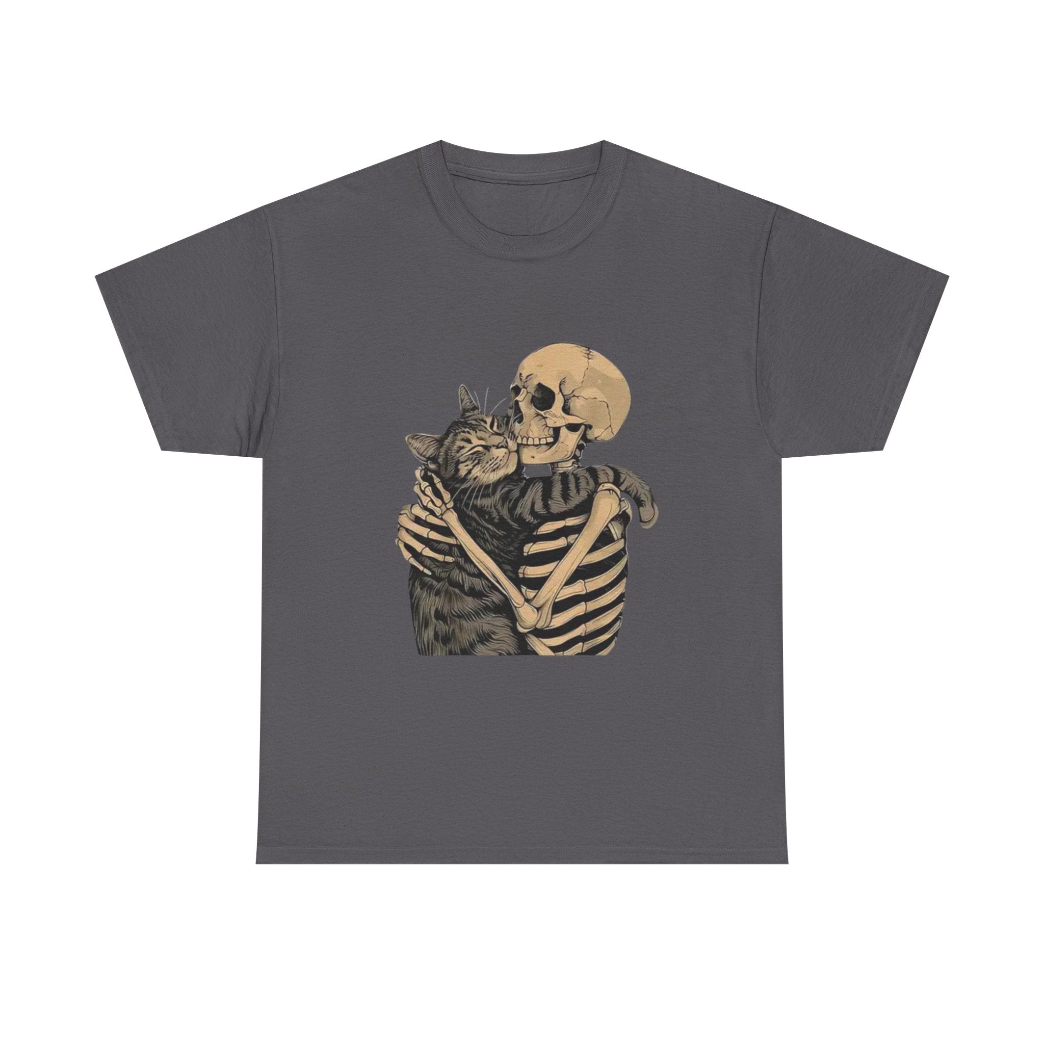 Skeleton and Cat Love Unisex Heavy Cotton Tee, Halloween T-Shirt, Pet Lover Gift, Spooky Aesthetic Shirt, Cute Skeleton Tee