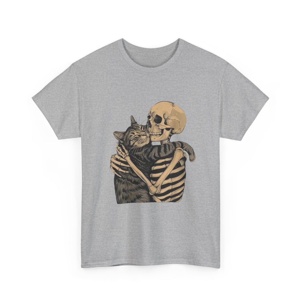 Skeleton and Cat Love Unisex Heavy Cotton Tee, Halloween T-Shirt, Pet Lover Gift, Spooky Aesthetic Shirt, Cute Skeleton Tee
