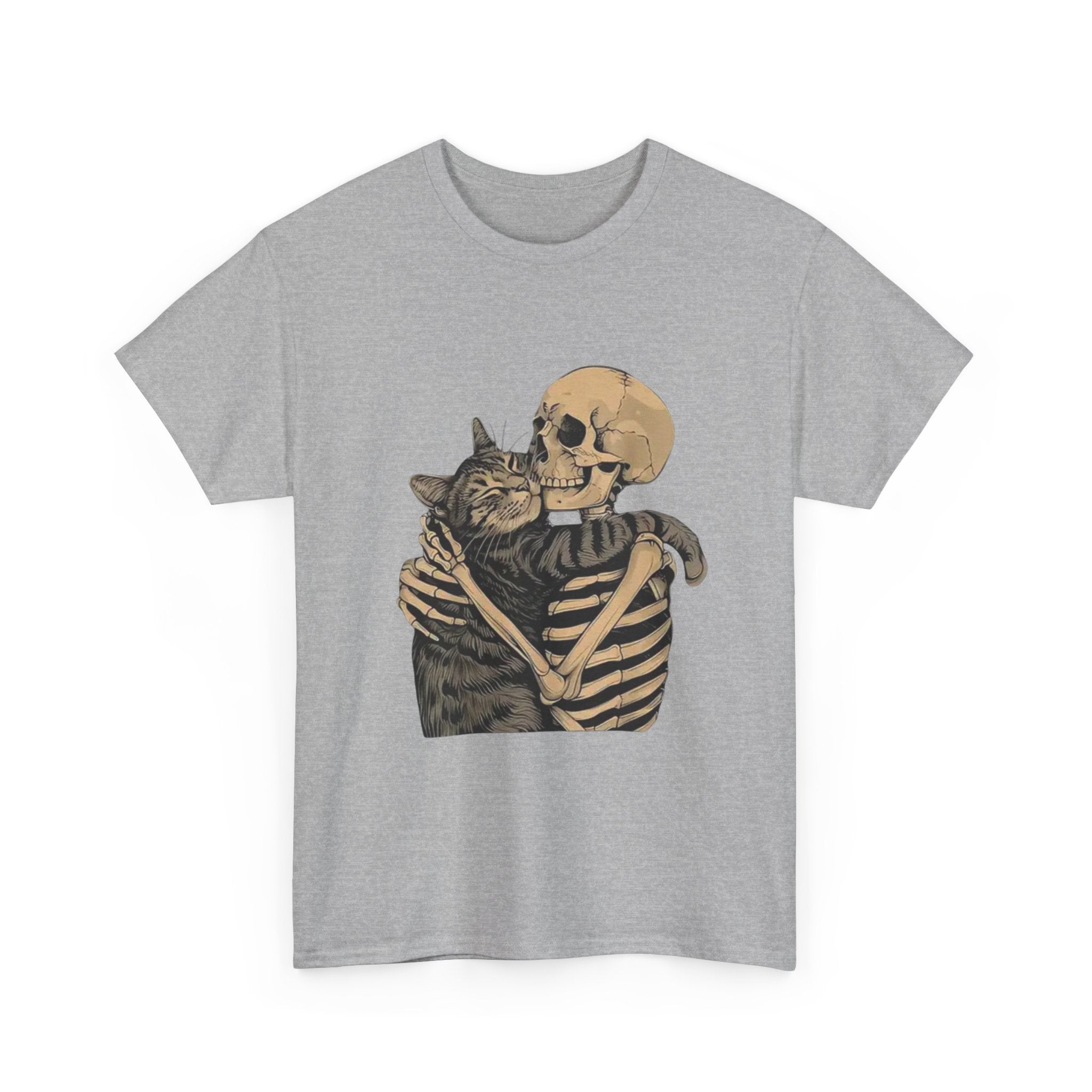 Skeleton and Cat Love Unisex Heavy Cotton Tee, Halloween T-Shirt, Pet Lover Gift, Spooky Aesthetic Shirt, Cute Skeleton Tee