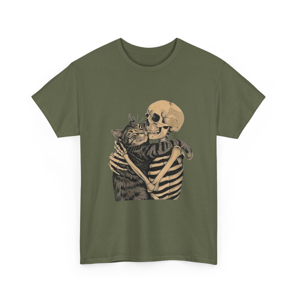 Skeleton and Cat Love Unisex Heavy Cotton Tee, Halloween T-Shirt, Pet Lover Gift, Spooky Aesthetic Shirt, Cute Skeleton Tee