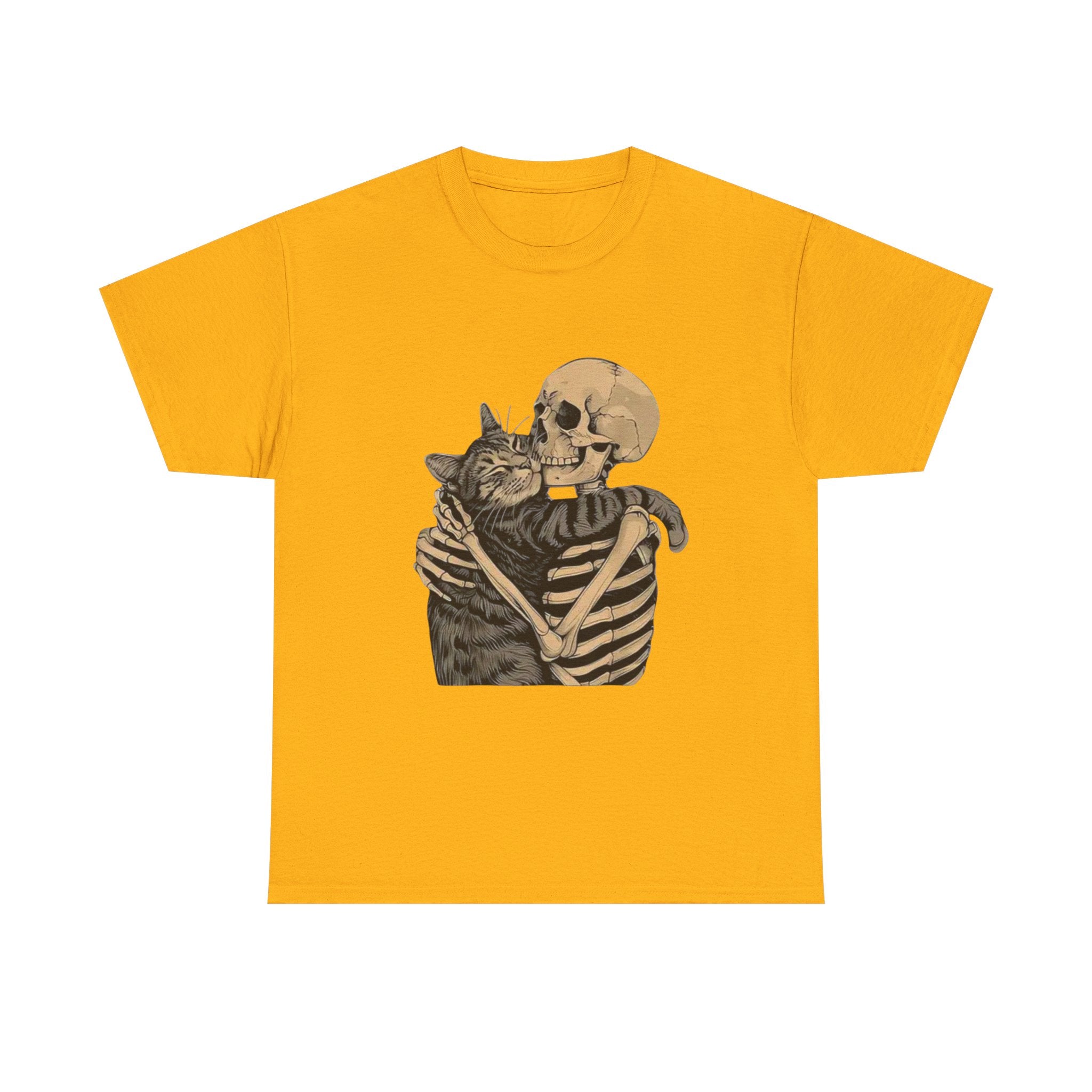 Skeleton and Cat Love Unisex Heavy Cotton Tee, Halloween T-Shirt, Pet Lover Gift, Spooky Aesthetic Shirt, Cute Skeleton Tee