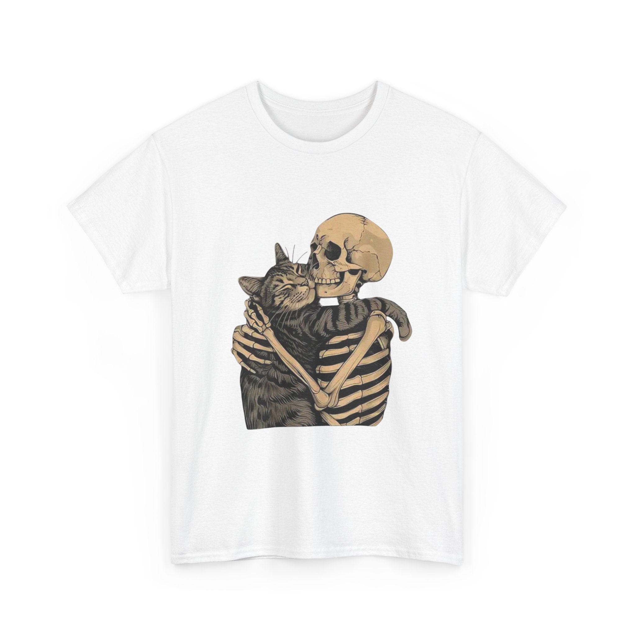 Skeleton and Cat Love Unisex Heavy Cotton Tee, Halloween T-Shirt, Pet Lover Gift, Spooky Aesthetic Shirt, Cute Skeleton Tee