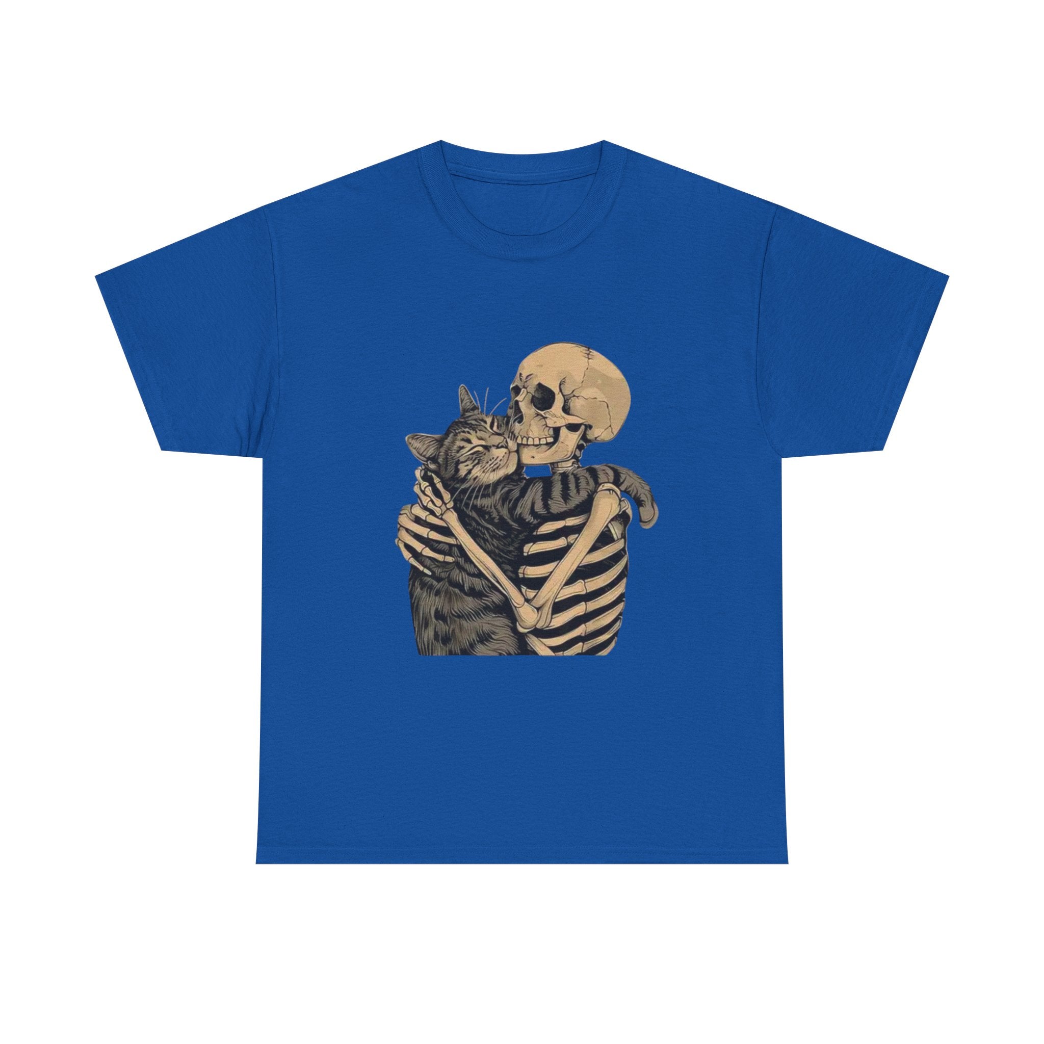 Skeleton and Cat Love Unisex Heavy Cotton Tee, Halloween T-Shirt, Pet Lover Gift, Spooky Aesthetic Shirt, Cute Skeleton Tee