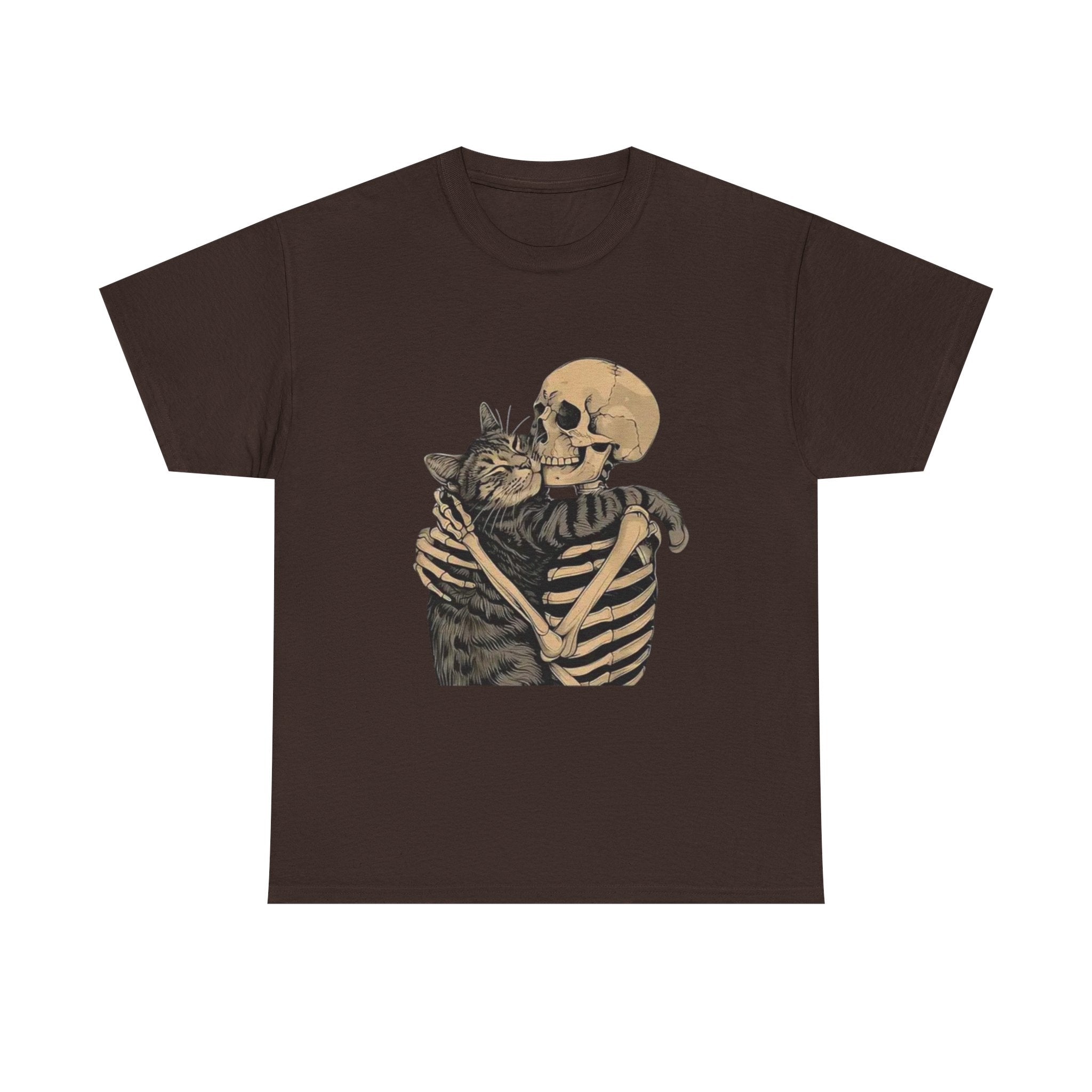 Skeleton and Cat Love Unisex Heavy Cotton Tee, Halloween T-Shirt, Pet Lover Gift, Spooky Aesthetic Shirt, Cute Skeleton Tee