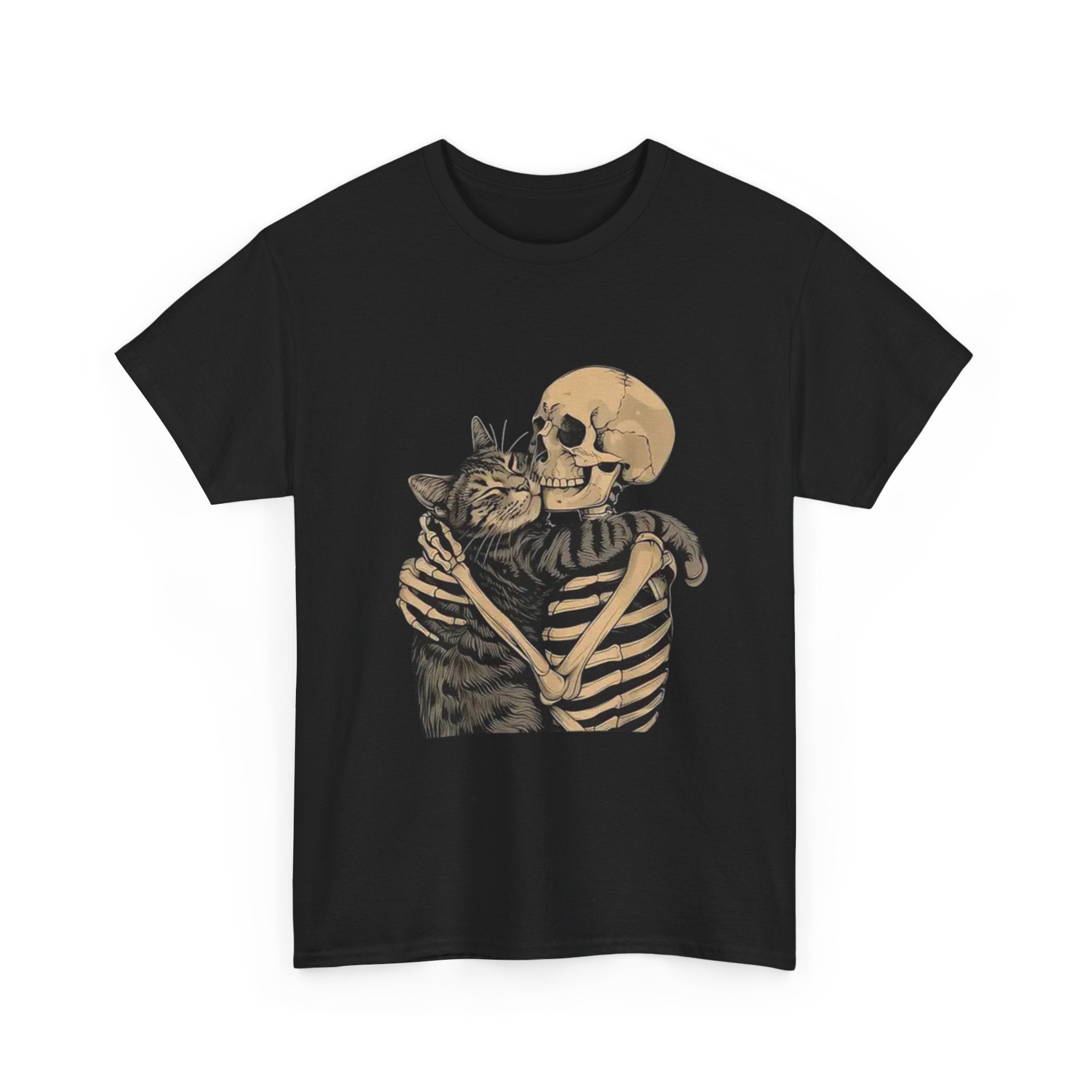 Skeleton and Cat Love Unisex Heavy Cotton Tee, Halloween T-Shirt, Pet Lover Gift, Spooky Aesthetic Shirt, Cute Skeleton Tee