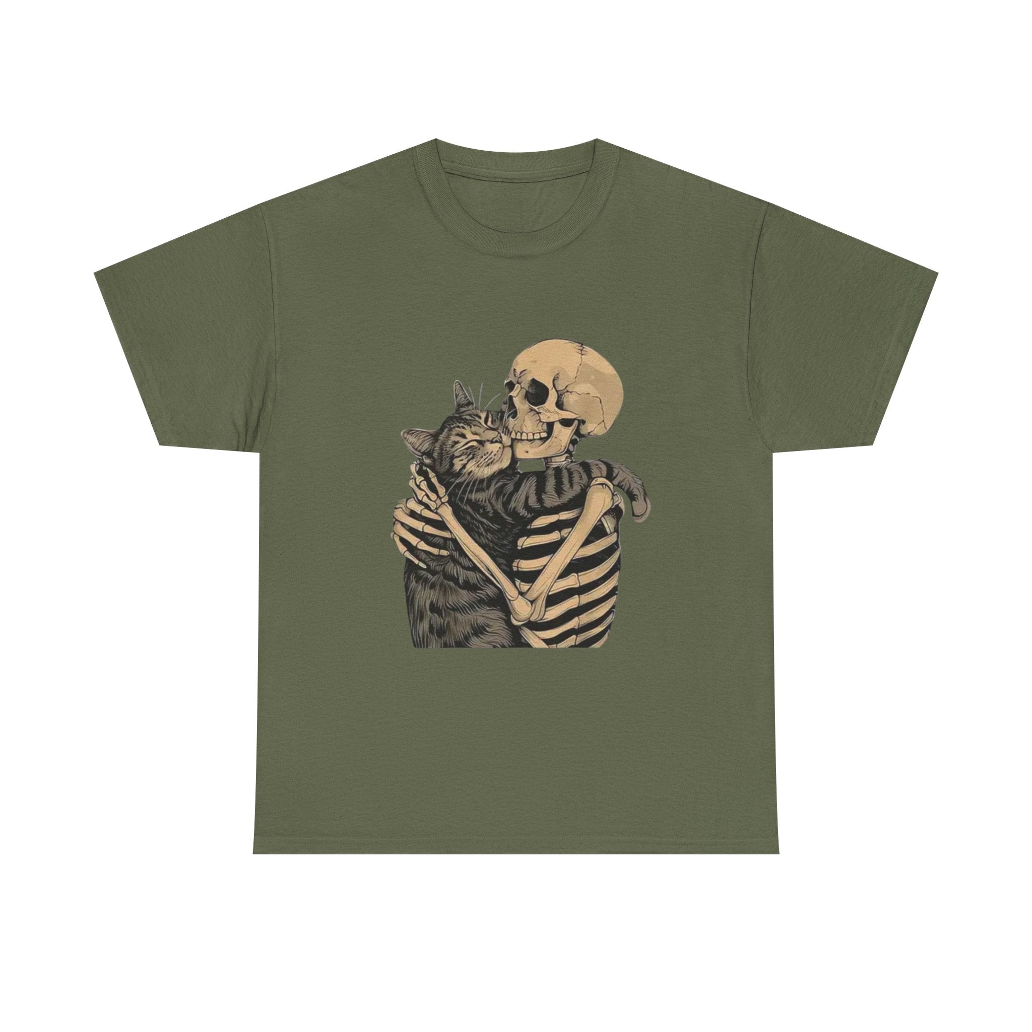 Skeleton and Cat Love Unisex Heavy Cotton Tee, Halloween T-Shirt, Pet Lover Gift, Spooky Aesthetic Shirt, Cute Skeleton Tee