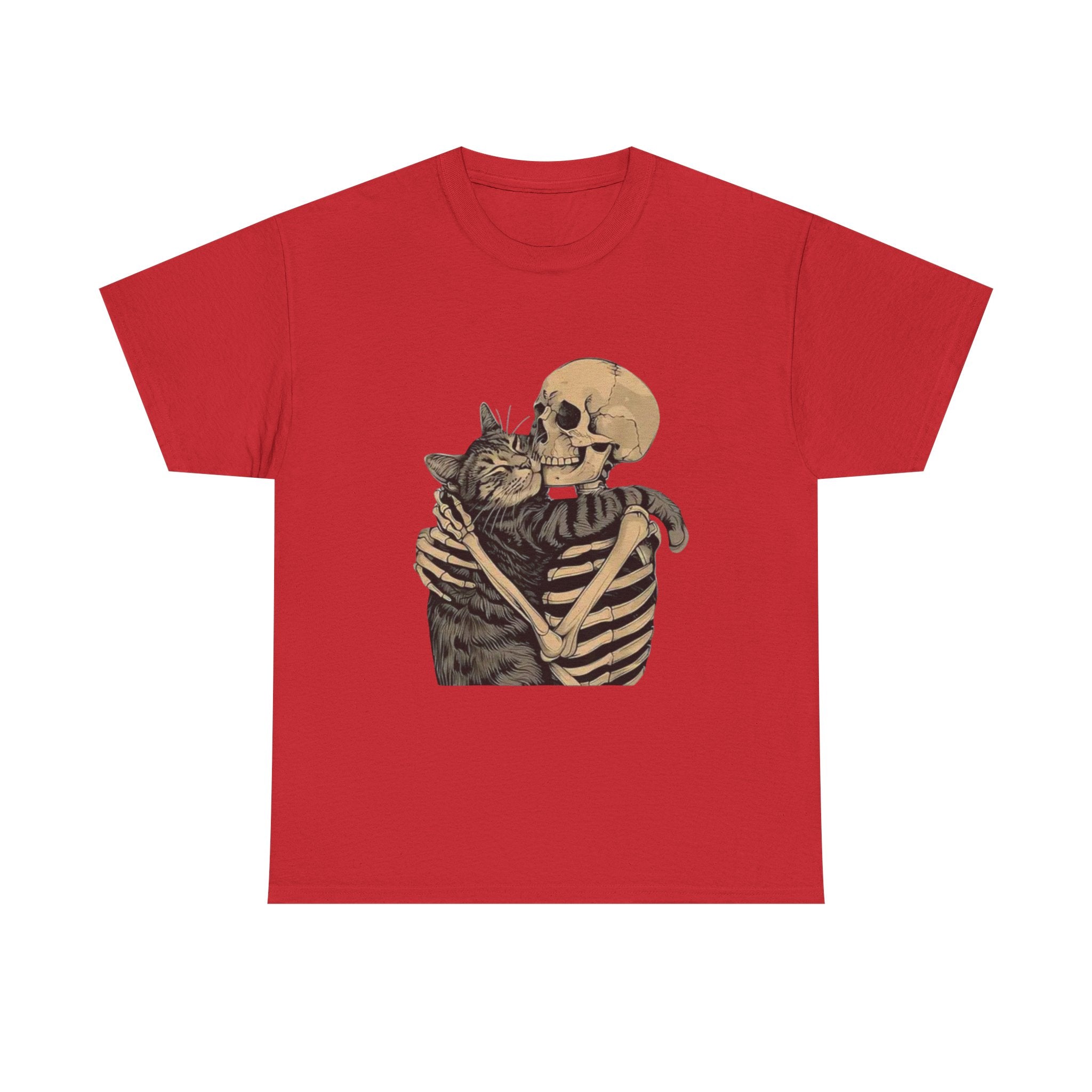 Skeleton and Cat Love Unisex Heavy Cotton Tee, Halloween T-Shirt, Pet Lover Gift, Spooky Aesthetic Shirt, Cute Skeleton Tee