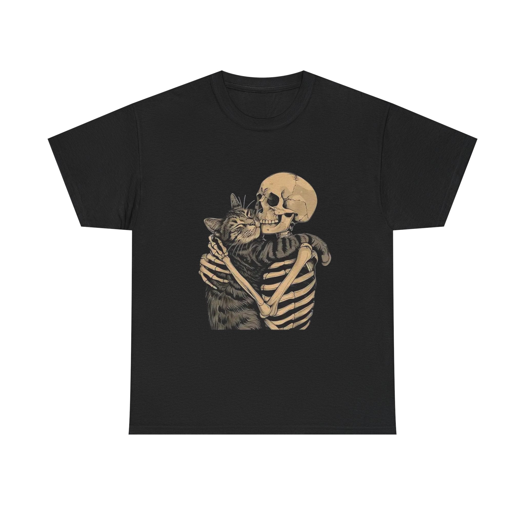 Skeleton and Cat Love Unisex Heavy Cotton Tee, Halloween T-Shirt, Pet Lover Gift, Spooky Aesthetic Shirt, Cute Skeleton Tee