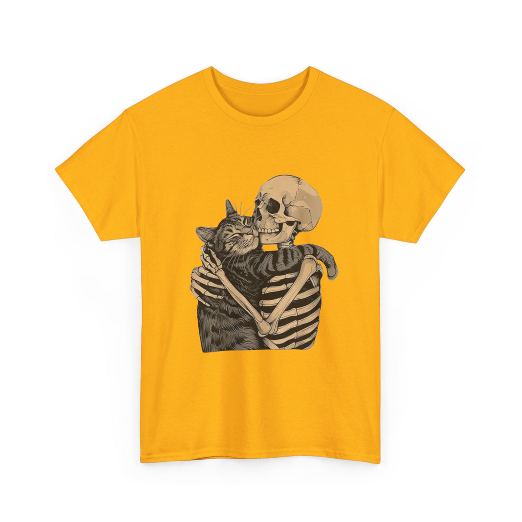 Skeleton and Cat Love Unisex Heavy Cotton Tee, Halloween T-Shirt, Pet Lover Gift, Spooky Aesthetic Shirt, Cute Skeleton Tee