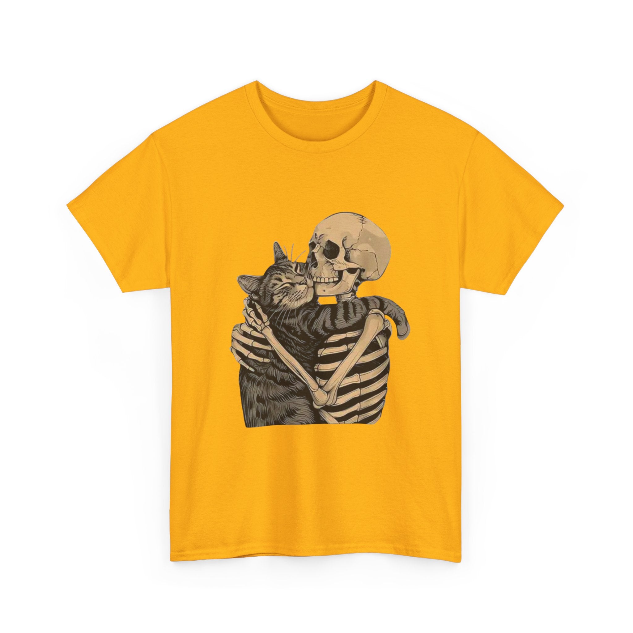 Skeleton and Cat Love Unisex Heavy Cotton Tee, Halloween T-Shirt, Pet Lover Gift, Spooky Aesthetic Shirt, Cute Skeleton Tee