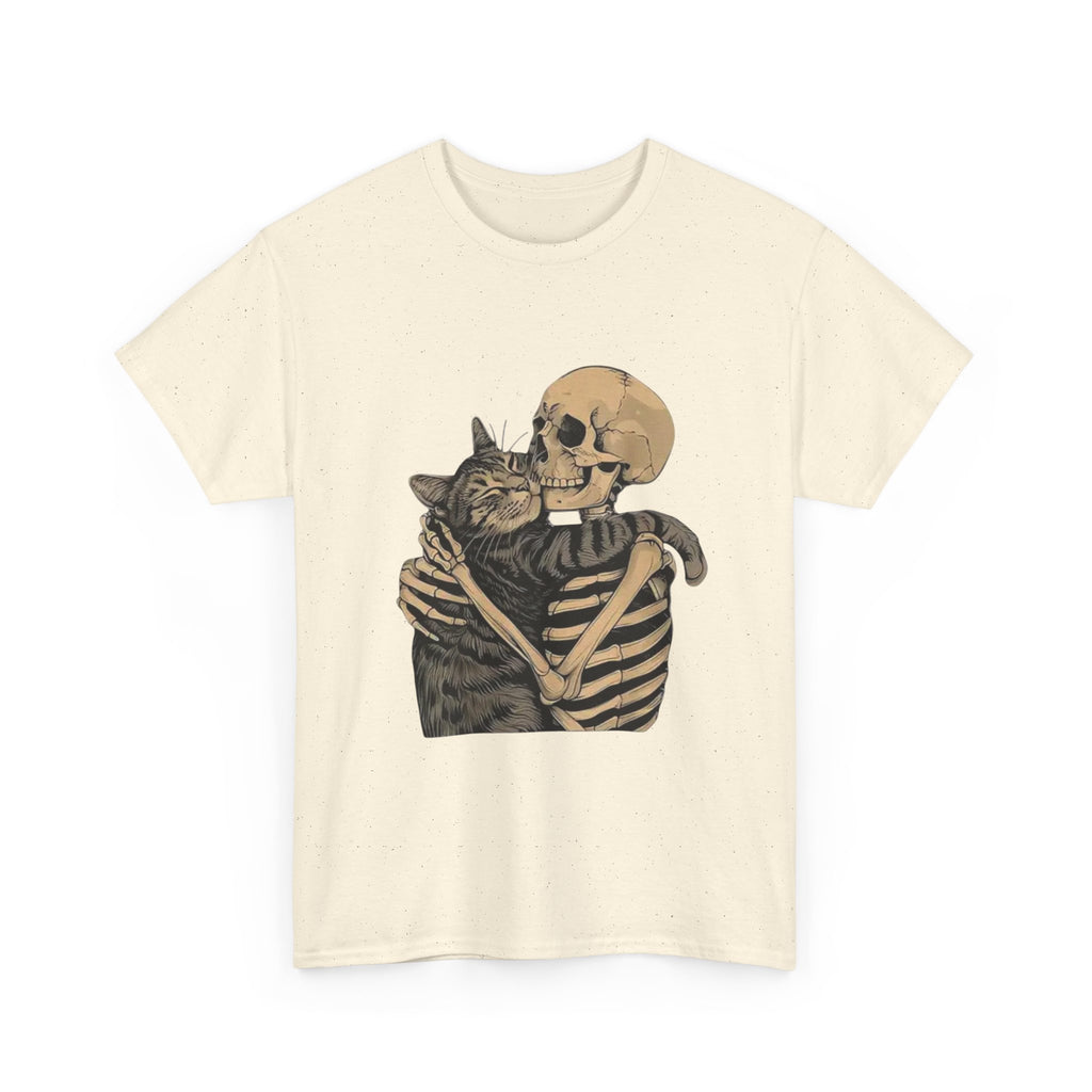 Skeleton and Cat Love Unisex Heavy Cotton Tee, Halloween T-Shirt, Pet Lover Gift, Spooky Aesthetic Shirt, Cute Skeleton Tee