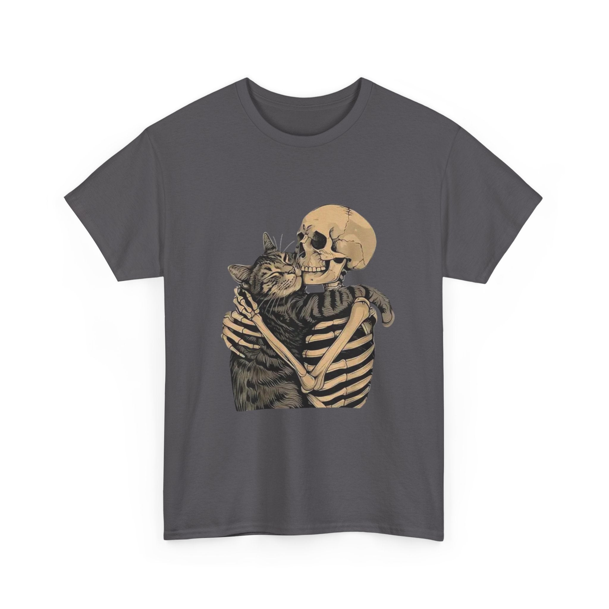 Skeleton and Cat Love Unisex Heavy Cotton Tee, Halloween T-Shirt, Pet Lover Gift, Spooky Aesthetic Shirt, Cute Skeleton Tee