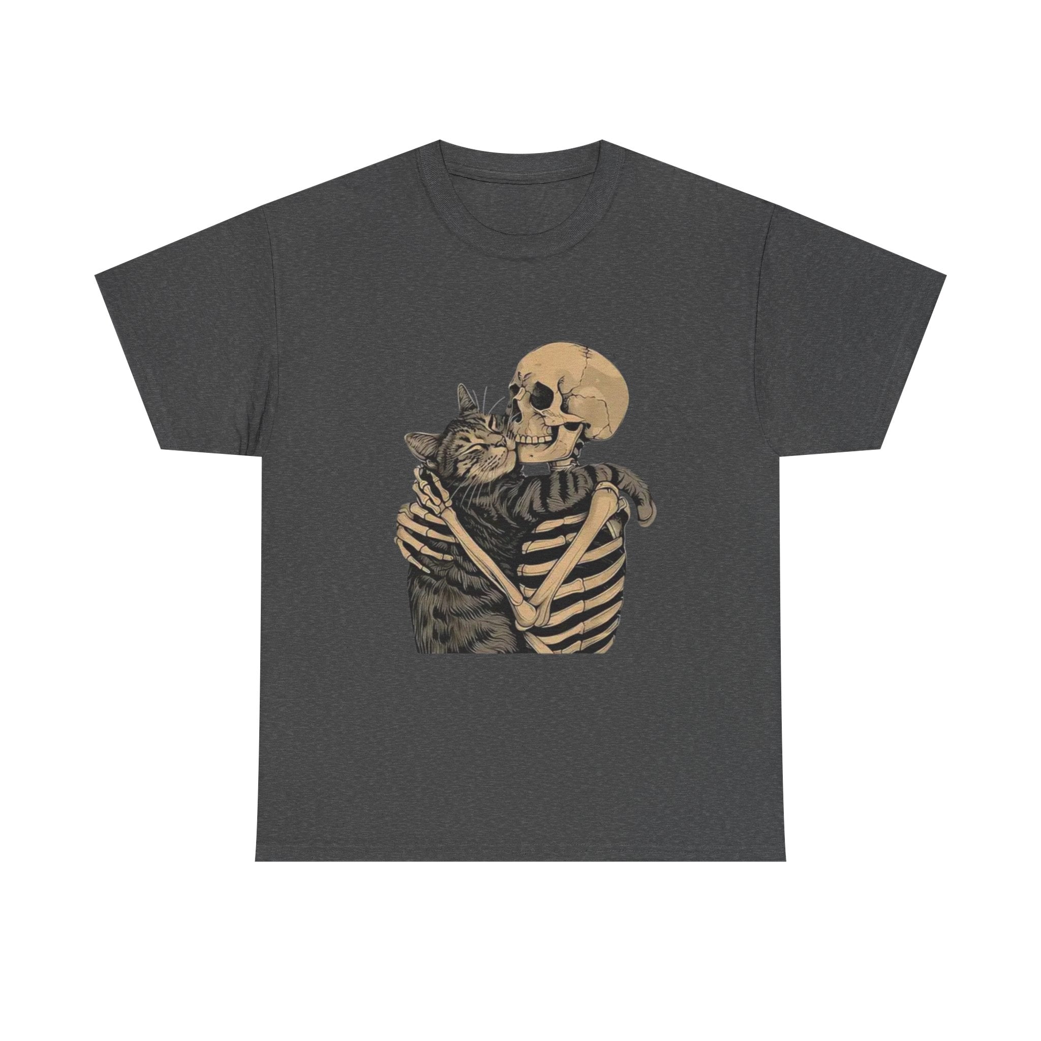 Skeleton and Cat Love Unisex Heavy Cotton Tee, Halloween T-Shirt, Pet Lover Gift, Spooky Aesthetic Shirt, Cute Skeleton Tee