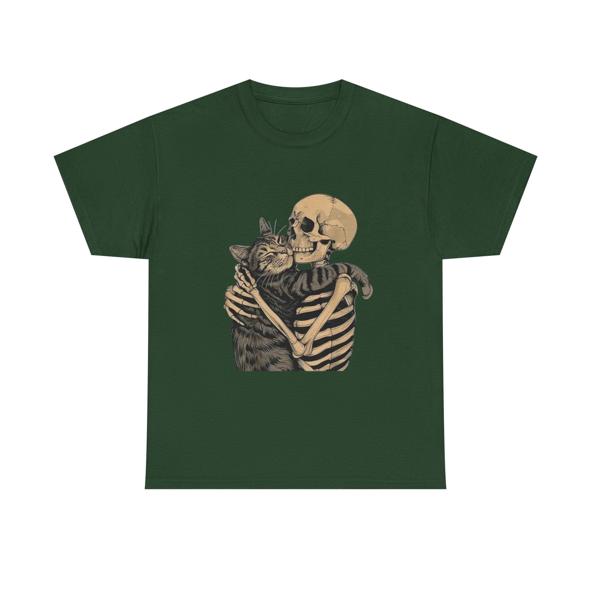 Skeleton and Cat Love Unisex Heavy Cotton Tee, Halloween T-Shirt, Pet Lover Gift, Spooky Aesthetic Shirt, Cute Skeleton Tee