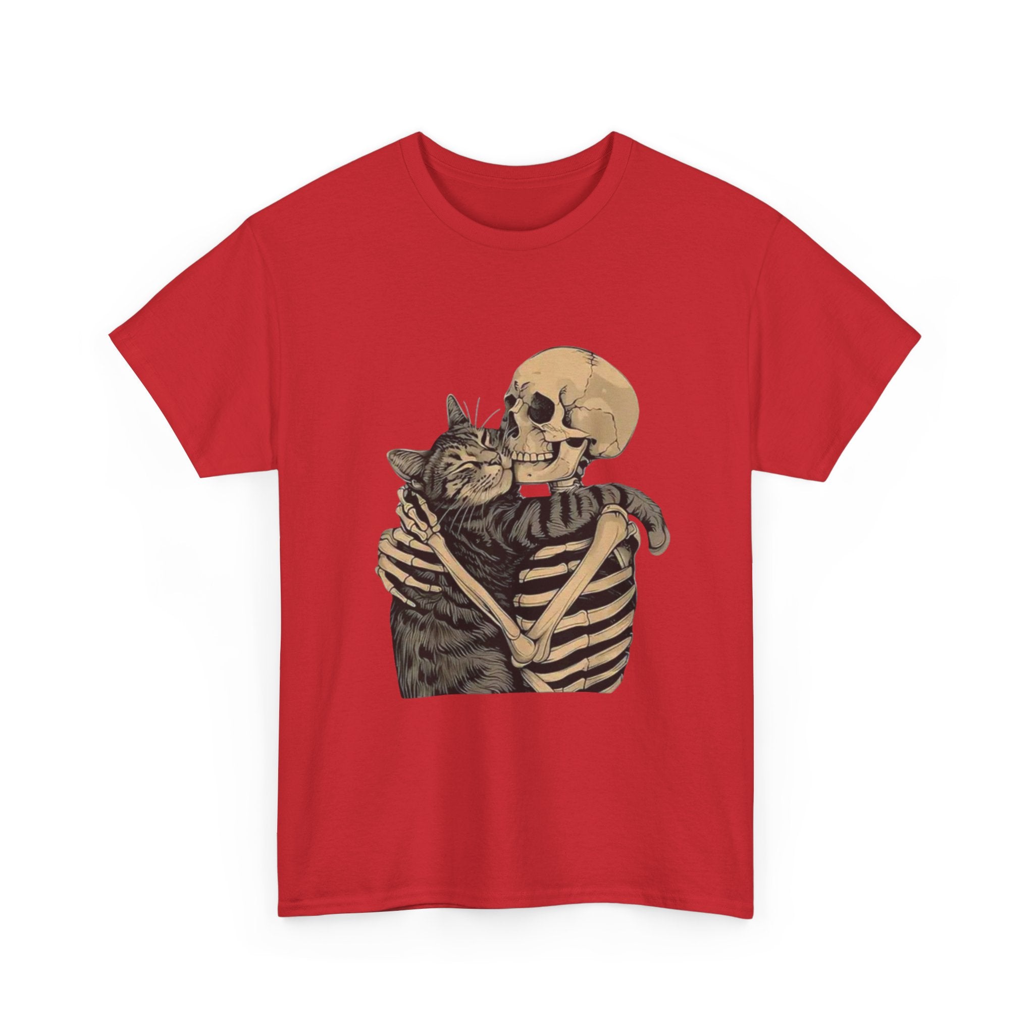 Skeleton and Cat Love Unisex Heavy Cotton Tee, Halloween T-Shirt, Pet Lover Gift, Spooky Aesthetic Shirt, Cute Skeleton Tee