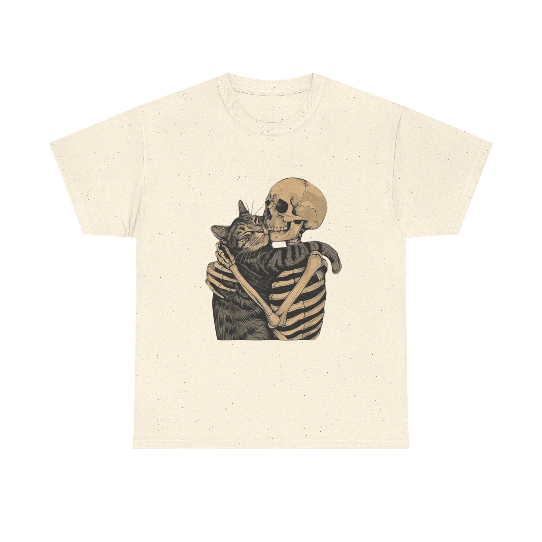 Skeleton and Cat Love Unisex Heavy Cotton Tee, Halloween T-Shirt, Pet Lover Gift, Spooky Aesthetic Shirt, Cute Skeleton Tee