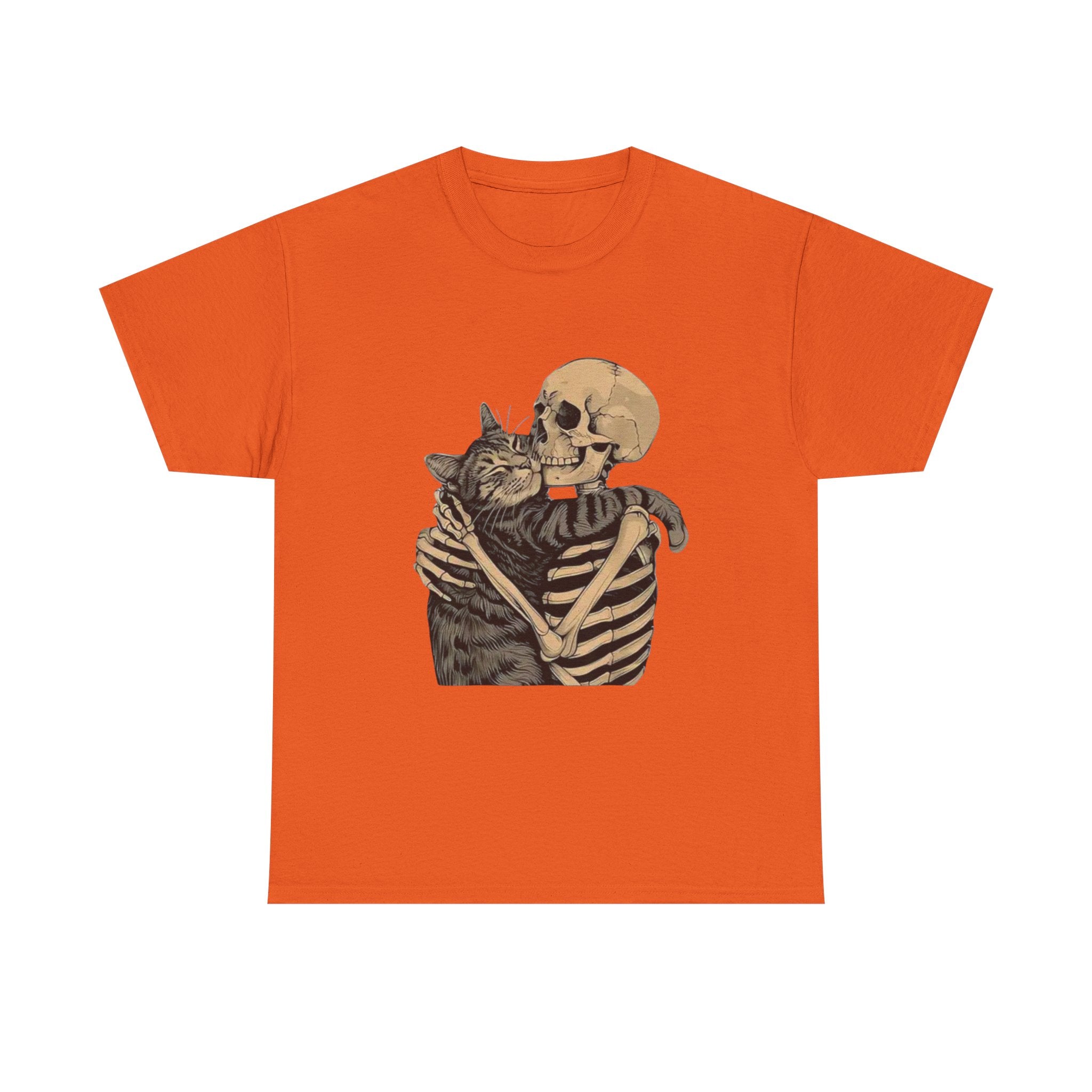 Skeleton and Cat Love Unisex Heavy Cotton Tee, Halloween T-Shirt, Pet Lover Gift, Spooky Aesthetic Shirt, Cute Skeleton Tee