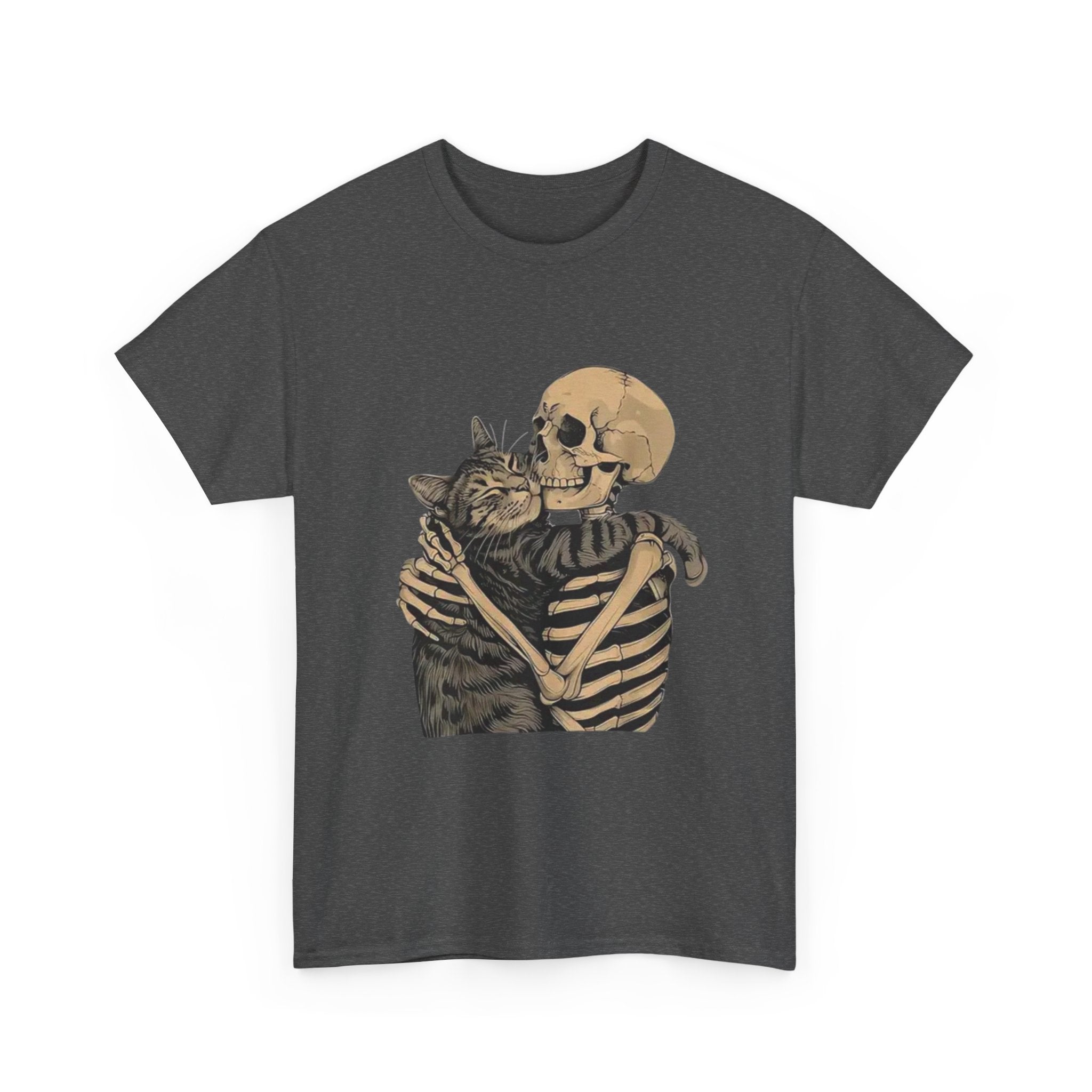 Skeleton and Cat Love Unisex Heavy Cotton Tee, Halloween T-Shirt, Pet Lover Gift, Spooky Aesthetic Shirt, Cute Skeleton Tee