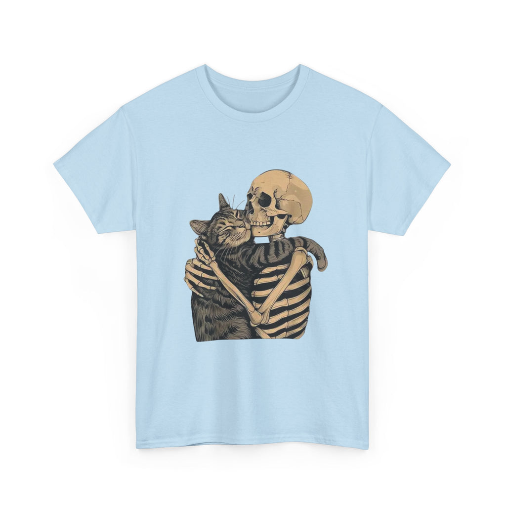 Skeleton and Cat Love Unisex Heavy Cotton Tee, Halloween T-Shirt, Pet Lover Gift, Spooky Aesthetic Shirt, Cute Skeleton Tee