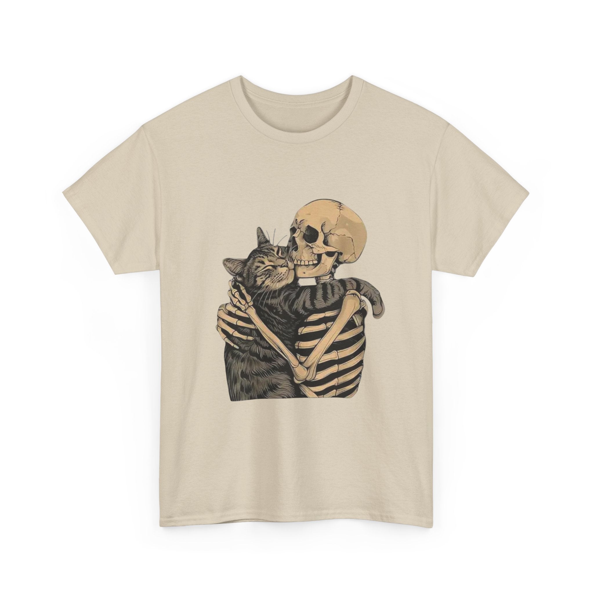 Skeleton and Cat Love Unisex Heavy Cotton Tee, Halloween T-Shirt, Pet Lover Gift, Spooky Aesthetic Shirt, Cute Skeleton Tee