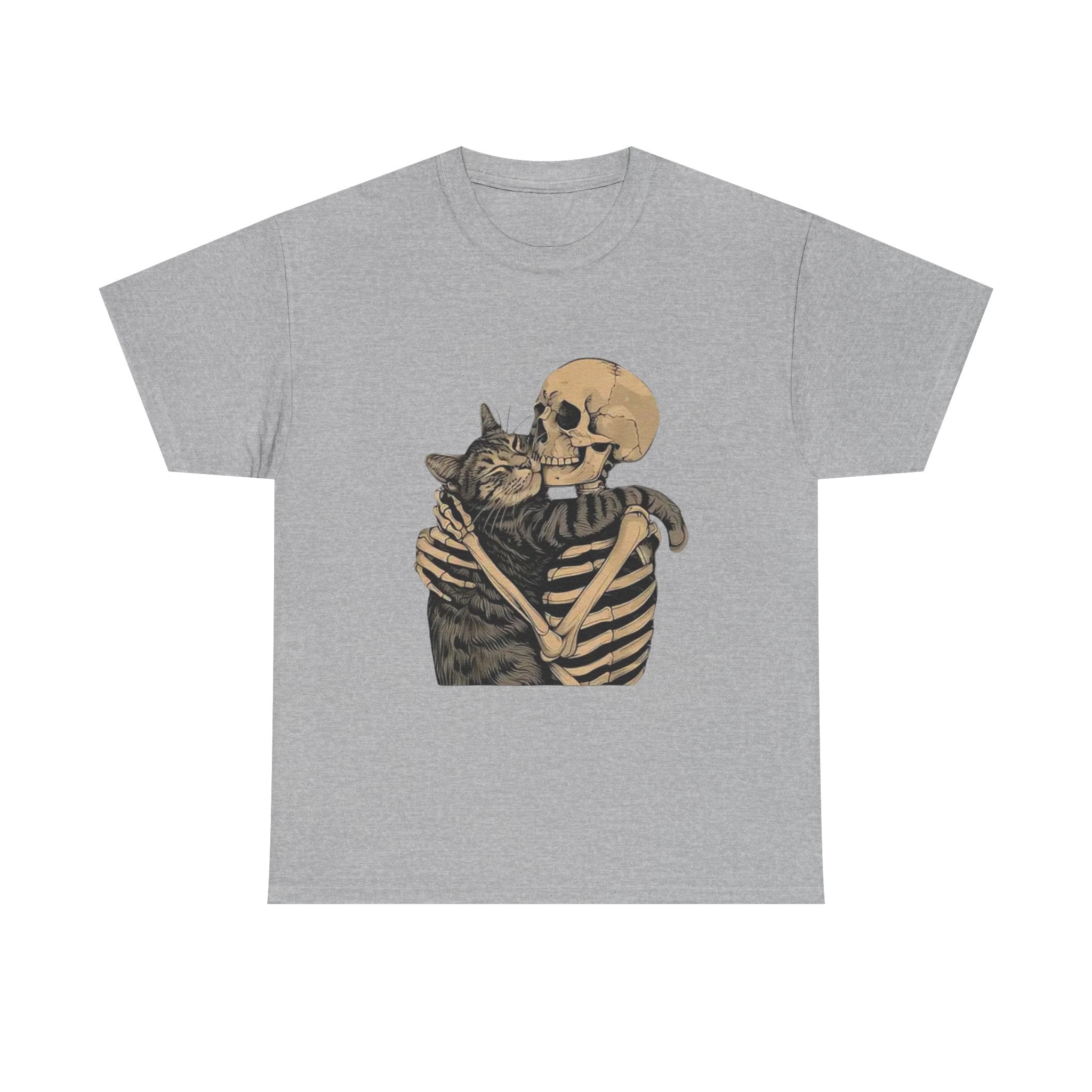 Skeleton and Cat Love Unisex Heavy Cotton Tee, Halloween T-Shirt, Pet Lover Gift, Spooky Aesthetic Shirt, Cute Skeleton Tee