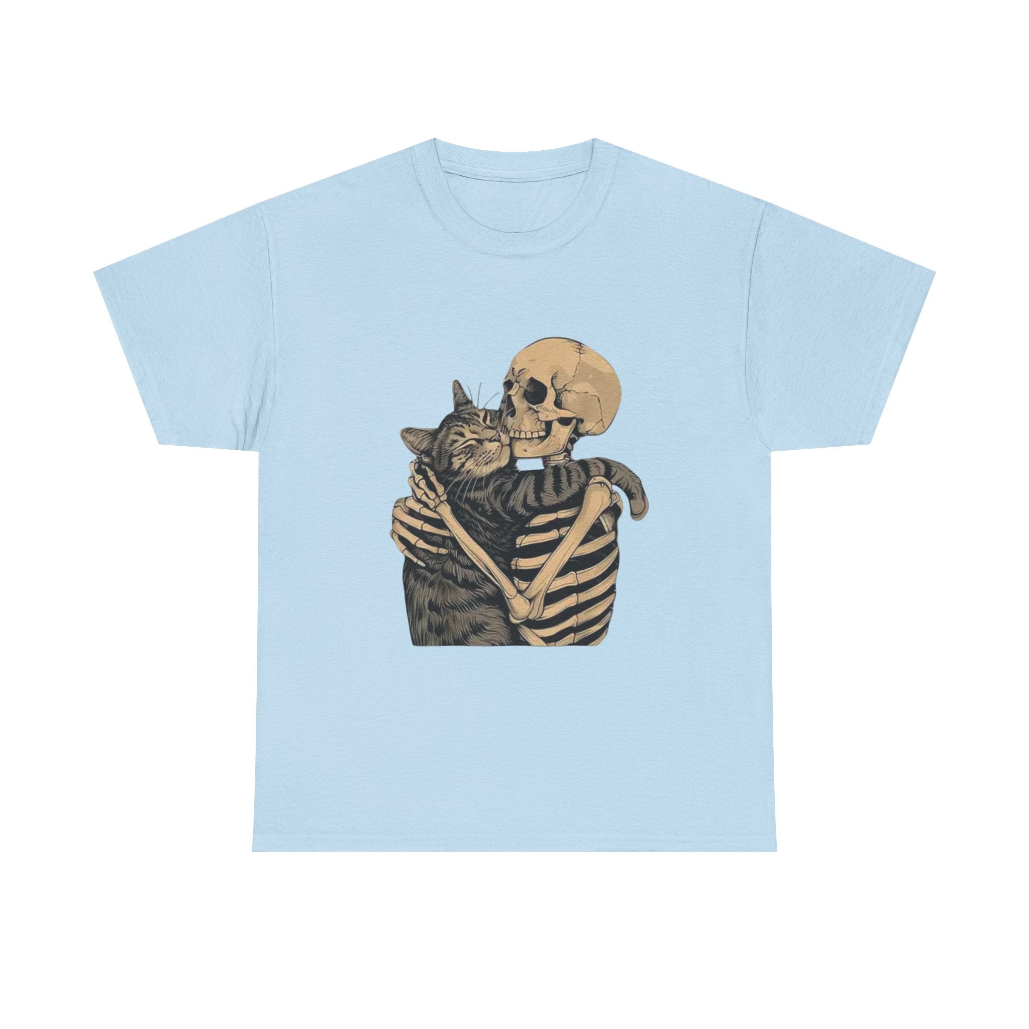Skeleton and Cat Love Unisex Heavy Cotton Tee, Halloween T-Shirt, Pet Lover Gift, Spooky Aesthetic Shirt, Cute Skeleton Tee