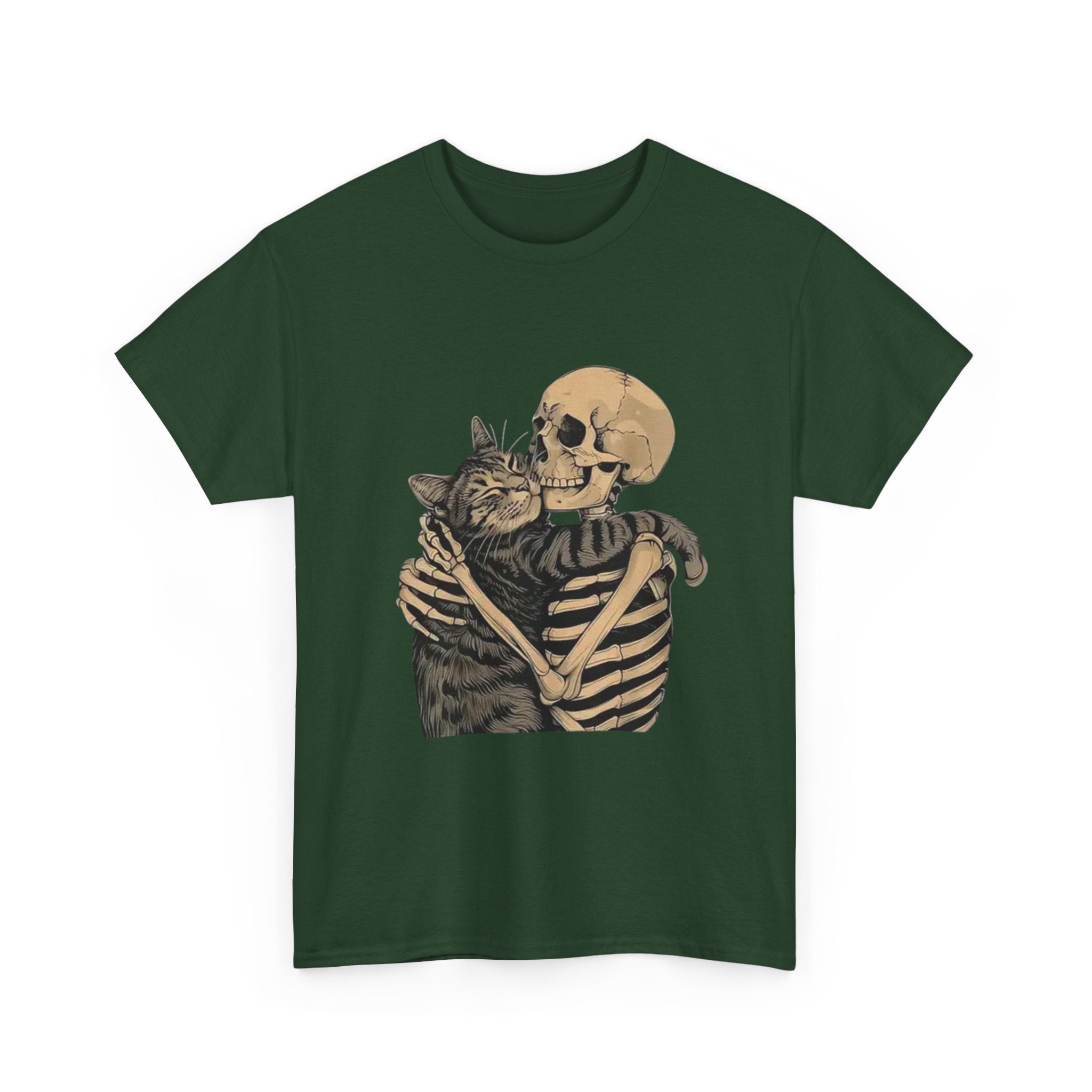 Skeleton and Cat Love Unisex Heavy Cotton Tee, Halloween T-Shirt, Pet Lover Gift, Spooky Aesthetic Shirt, Cute Skeleton Tee