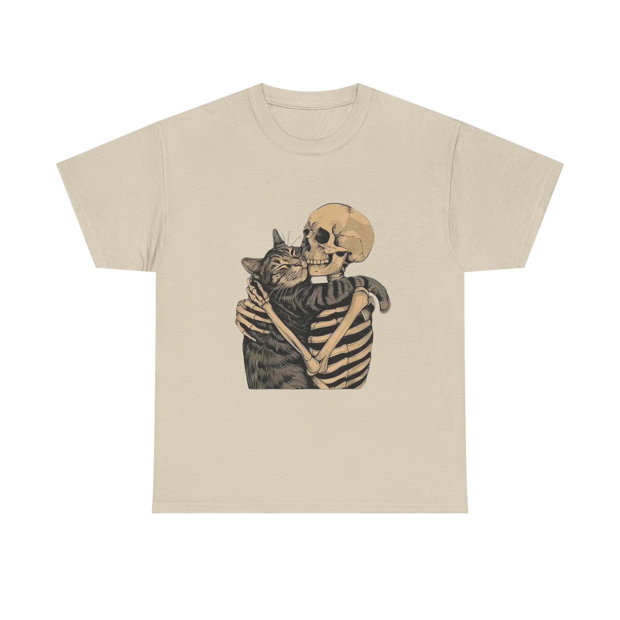 Skeleton and Cat Love Unisex Heavy Cotton Tee, Halloween T-Shirt, Pet Lover Gift, Spooky Aesthetic Shirt, Cute Skeleton Tee