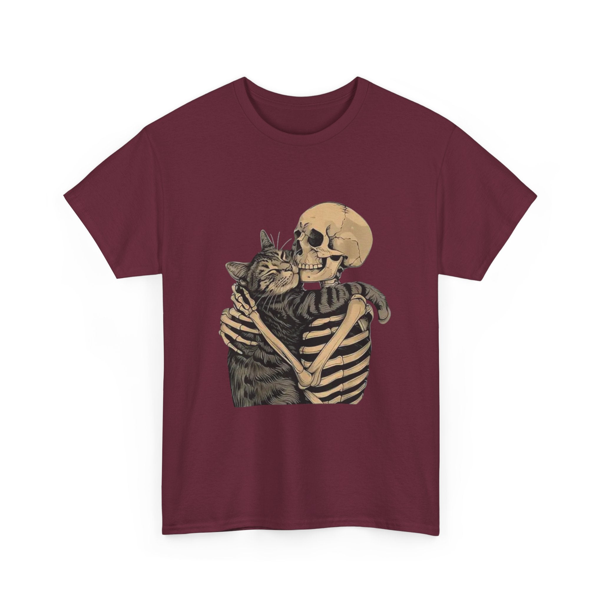 Skeleton and Cat Love Unisex Heavy Cotton Tee, Halloween T-Shirt, Pet Lover Gift, Spooky Aesthetic Shirt, Cute Skeleton Tee